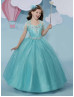 Beaded Aqua Embroidery Lace Tulle Flower Girl Dress With Cape